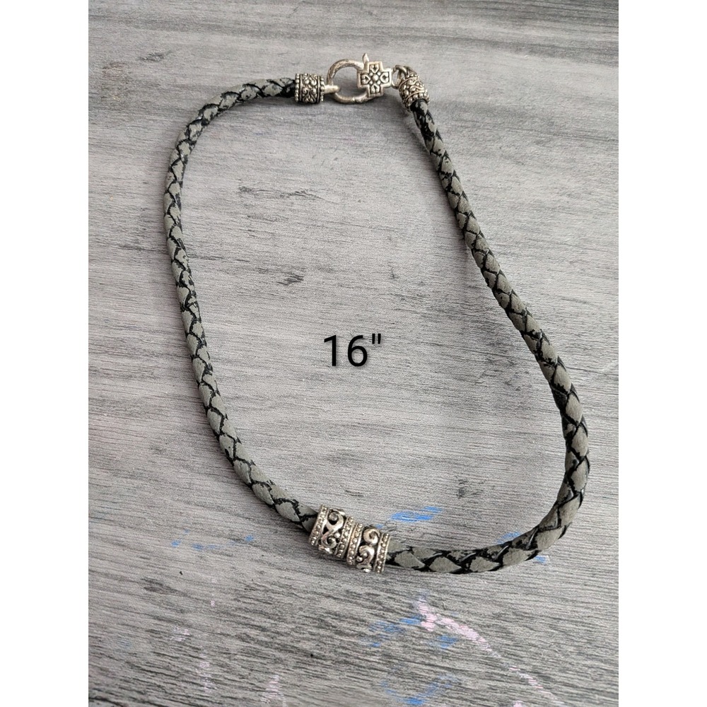 Grey Braided Leather Cord Necklace Silver Tone Scroll Bead 16 Inch